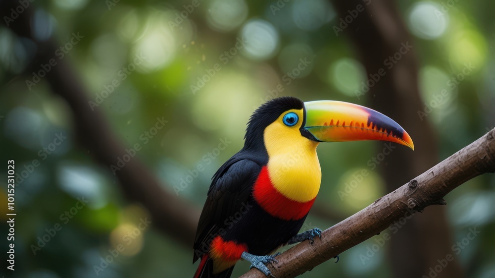 A vibrant toucan with a large, colorful beak perches on a branch, its blue eye staring intently ahead, against a blurry background of lush green foliage.