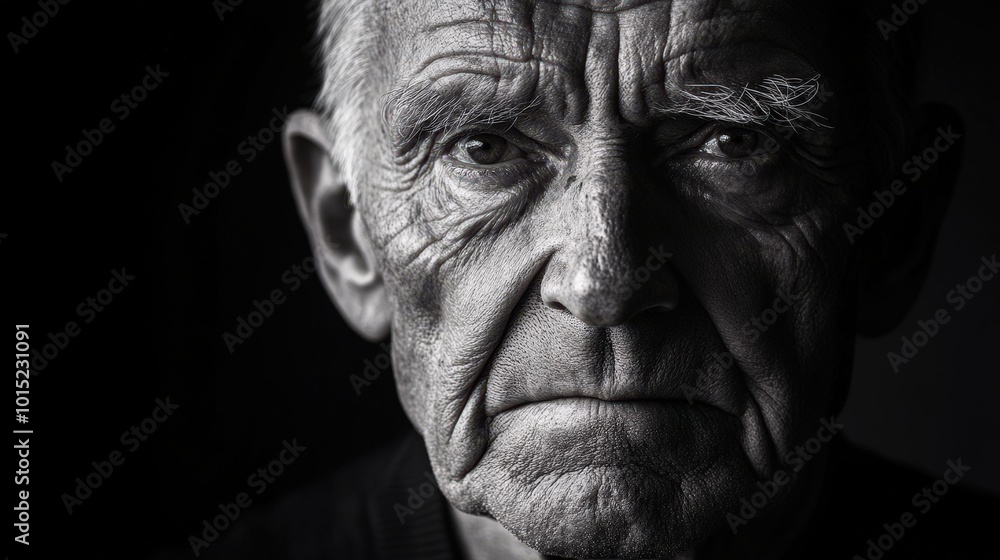 Grayscale portrait of an elderly man with deep wrinkles and expressive eyes in dramatic lighting Grayscale portrait of an elderly man with deep wrinkles and expressive eyes in dramatic lighting