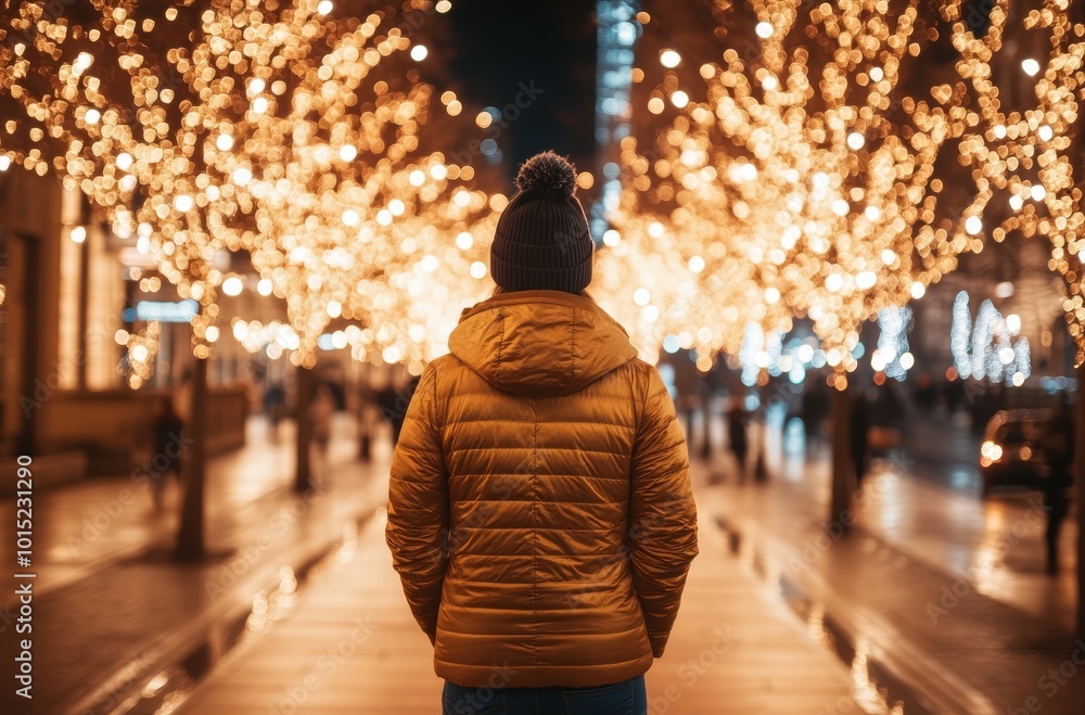 A person wearing a yellow jacket looks down a bustling street adorned with twinkling lights on trees in the evening A person wearing a yellow jacket looks down a bustling street adorned with twinkling lights on trees in the evening