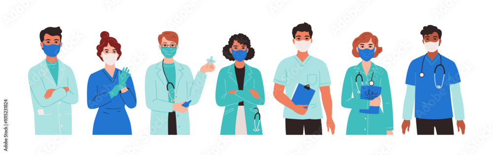 Doctor in mask. Medic nurse with stethoscope, healthcare characters standing, women and men hero in hospital. Health care professional staff. Vector cartoon flat style isolated illustration Doctor in mask. Medic nurse with stethoscope, healthcare characters standing, women and men hero in hospital. Health care professional staff. Vector cartoon flat style isolated illustration