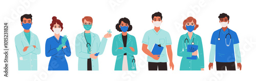 Doctor in mask. Medic nurse with stethoscope, healthcare characters standing, women and men hero in hospital. Health care professional staff. Vector cartoon flat style isolated illustration