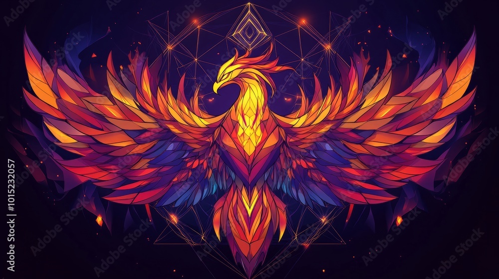 A colorful, geometric phoenix with its wings spread wide against a dark blue background with a golden geometric pattern. A colorful, geometric phoenix with its wings spread wide against a dark blue background with a golden geometric pattern.