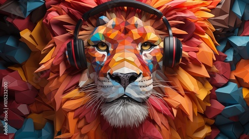 Colorful Papercraft Lion with Headphones and Sunglasses.