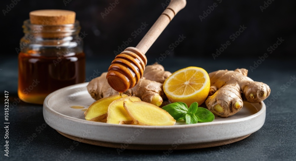 Ginger, Lemon and Honey on a Plate with a Honey Dipper Ginger, Lemon and Honey on a Plate with a Honey Dipper
