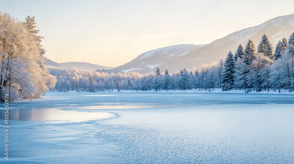A frozen lake in the mountains with snow-covered trees. A frozen lake in the mountains with snow-covered trees.