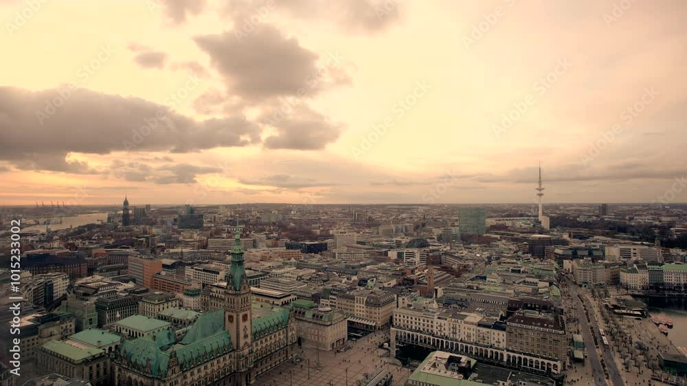 nostalgic static aerial panorama view of downtown Hamburg with town hall, television tower and st michaelis church, 2023 nostalgic static aerial panorama view of downtown Hamburg with town hall, television tower and st michaelis church, 2023