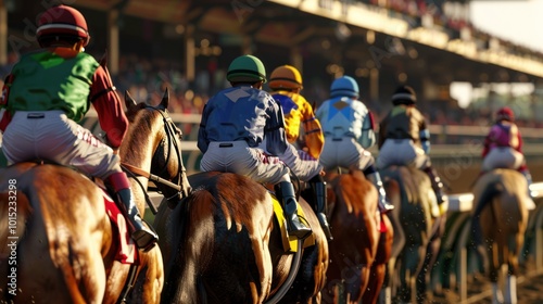 Rear View of Horse Jockeys Riding Through a Racetrack