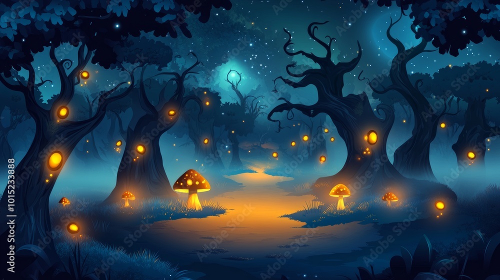 A mystical forest path with glowing mushrooms and a starry sky. A mystical forest path with glowing mushrooms and a starry sky.