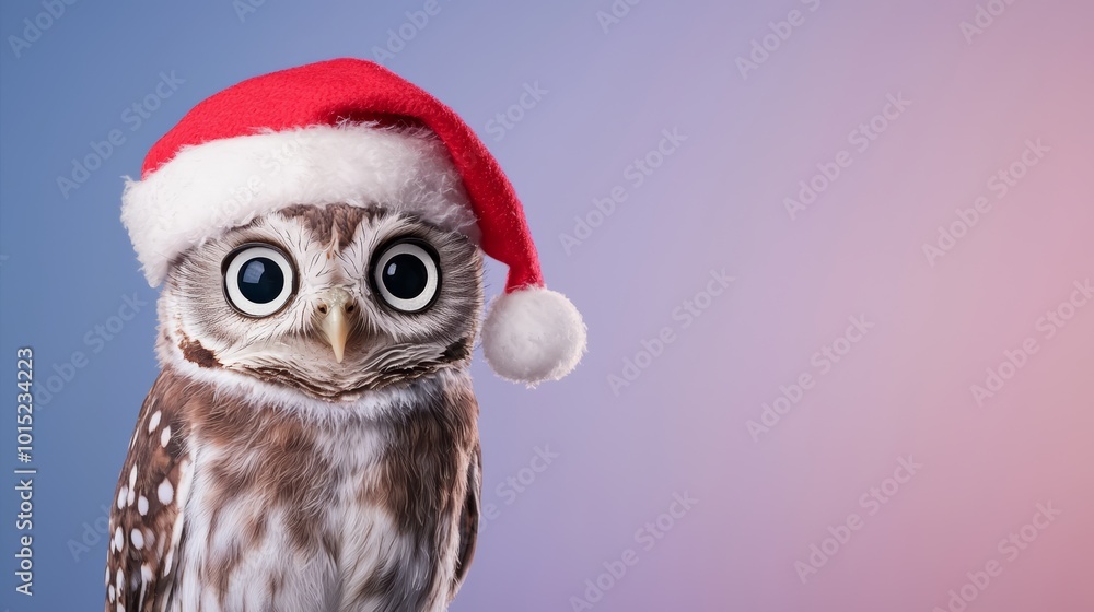 An adorable owl with a fluffy red Santa hat, wide eyes full of wonder, standing against a soft gradient background of blues and purples, ready for the holidays. An adorable owl with a fluffy red Santa hat, wide eyes full of wonder, standing against a soft gradient background of blues and purples, ready for the holidays.