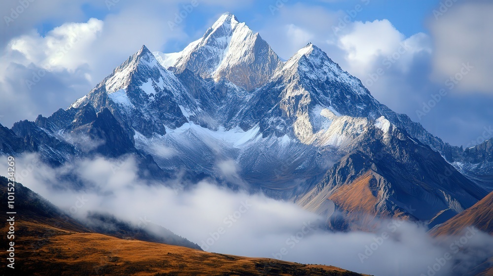Fototapeta premium Snow-capped mountain peaks with mist drifting across the rugged landscape under a clear blue sky