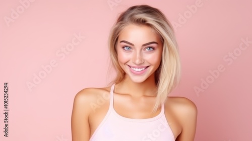 A smiling young woman in a light pink top stands confidently against a soft pink background, radiating joy and vitality.