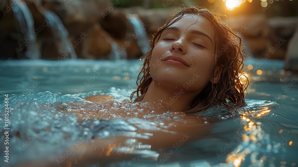 Woman Relaxing in a Pool with Water Drops Woman Relaxing in a Pool with Water Drops