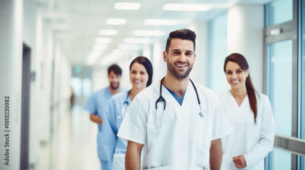 A group of smiling medical staff walks confidently down a hospital corridor, showcasing teamwork, care, and a thriving healthcare environment. A group of smiling medical staff walks confidently down a hospital corridor, showcasing teamwork, care, and a thriving healthcare environment.