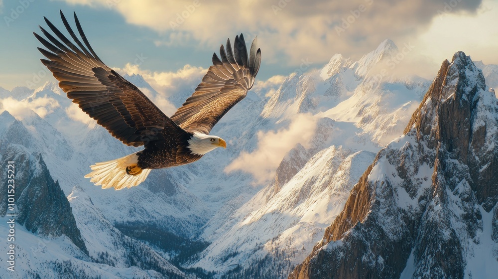 Fototapeta premium Majestic Eagle Soaring Over Snowy Mountains