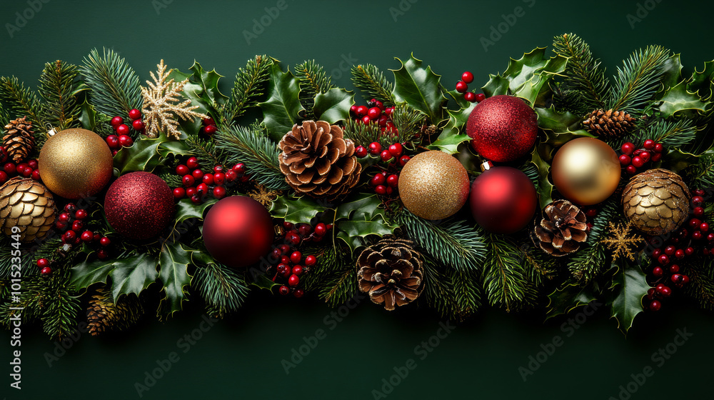 A green background with a red and gold wreath of Christmas decorations. The wreath is made up of red and gold balls and pine cones A green background with a red and gold wreath of Christmas decorations. The wreath is made up of red and gold balls and pine cones