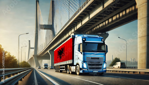 Blue semi-truck with an Albania flag trailer driving under a large modern bridge. Perfect for showcasing freight transport, trucking, logistics, and cross-country shipping