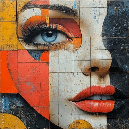 Colorful Abstract Portrait of a Woman's Face with Geometric Shapes and Bold Colors, Featuring a Focus on Her Blue Eye and Red Lips in a Modern, Cubist Style