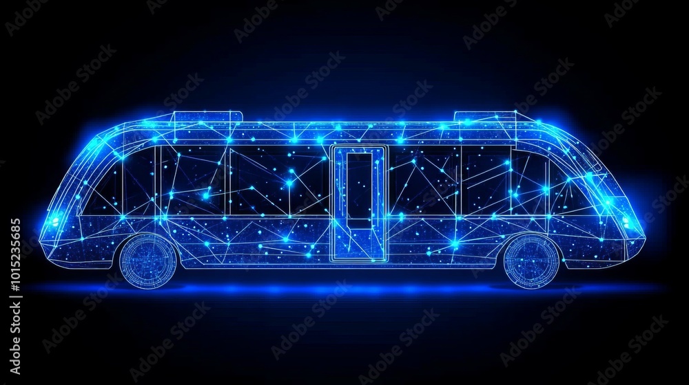 Abstract Electric Bus Side View, Futuristic Transportation Concept with Connected Lines and Dots Abstract Electric Bus Side View, Futuristic Transportation Concept with Connected Lines and Dots