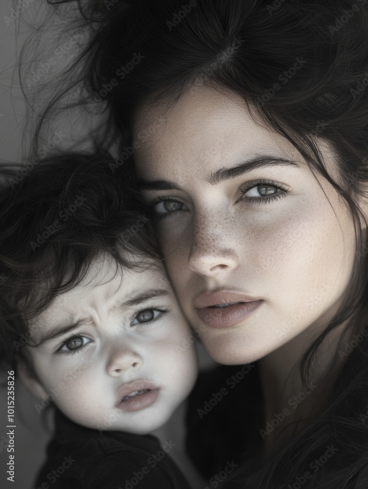Black and White Portrait of a Mother and Child, Close-Up with Intense Gazes and Windswept Hair Black and White Portrait of a Mother and Child, Close-Up with Intense Gazes and Windswept Hair