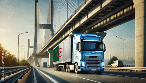 Blue semi-truck with an Algeria flag trailer driving under a large modern bridge. Perfect for showcasing freight transport, trucking, logistics, and cross-country shipping