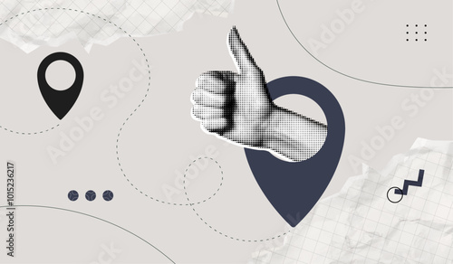 Trendy Halftone Collage Hand showing thumbs up from inside location pin. Delivery route. Contemporary art with position elements. Travel way and find trip. GPS point navigation. Vector illustration