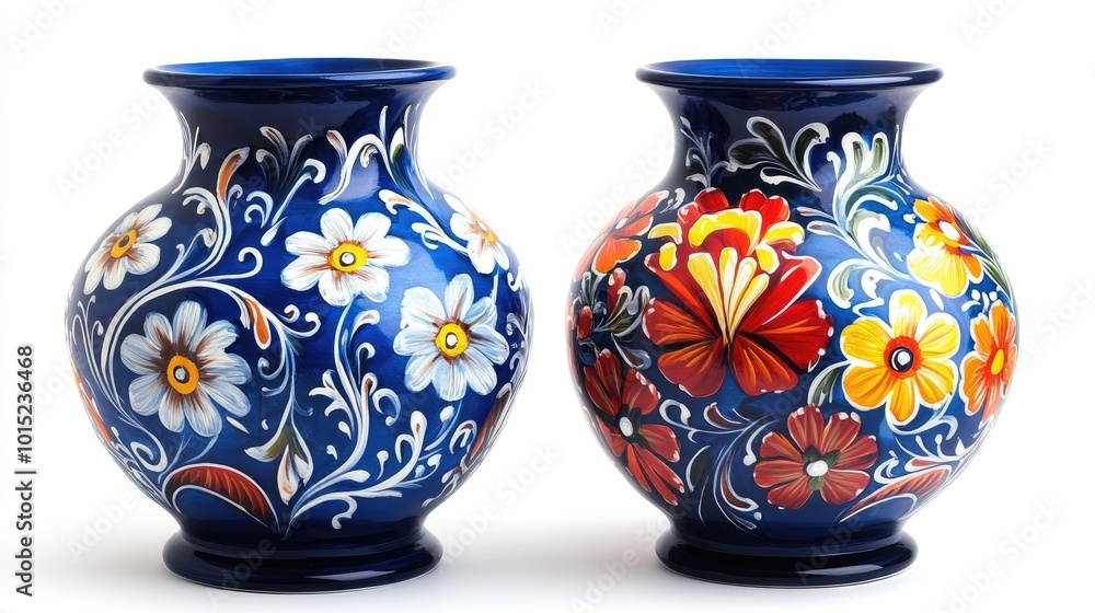 Two blue ceramic vases with floral patterns, one with white and blue flowers, the other with red and yellow flowers. Two blue ceramic vases with floral patterns, one with white and blue flowers, the other with red and yellow flowers.