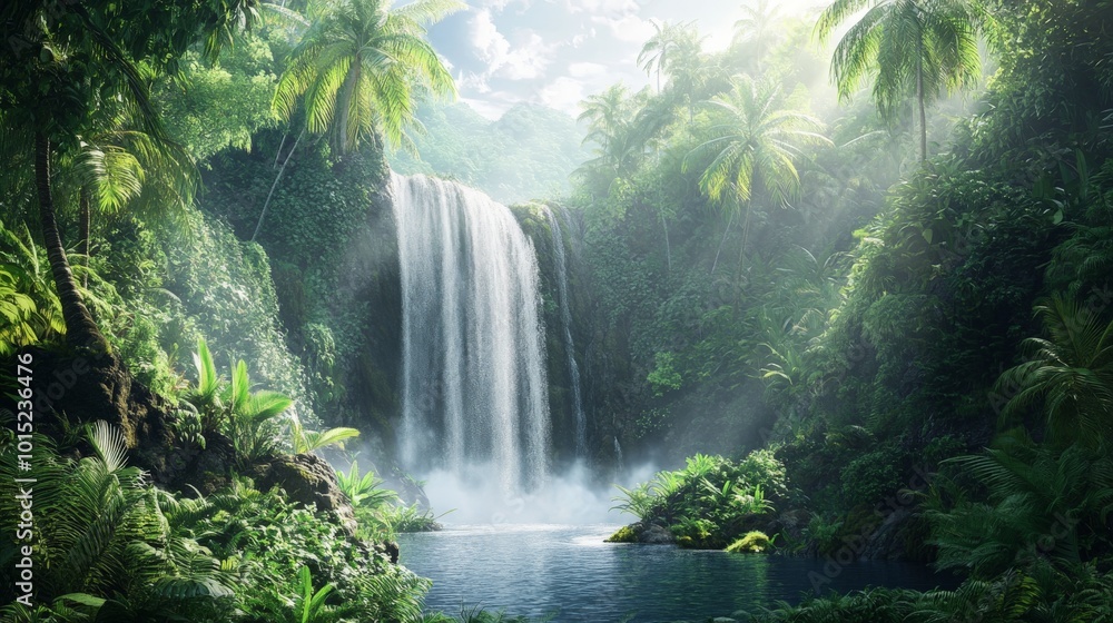 Cascading Waterfall in Lush Tropical Rainforest Landscape Cascading Waterfall in Lush Tropical Rainforest Landscape