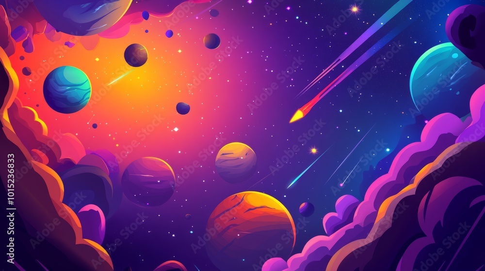 A vibrant and colorful illustration of a cosmic landscape with planets, stars, and a shooting star in a nebula. A vibrant and colorful illustration of a cosmic landscape with planets, stars, and a shooting star in a nebula.