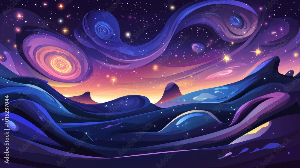 A vibrant night sky with swirling clouds, stars, and planets above a landscape of hills and valleys. A vibrant night sky with swirling clouds, stars, and planets above a landscape of hills and valleys.