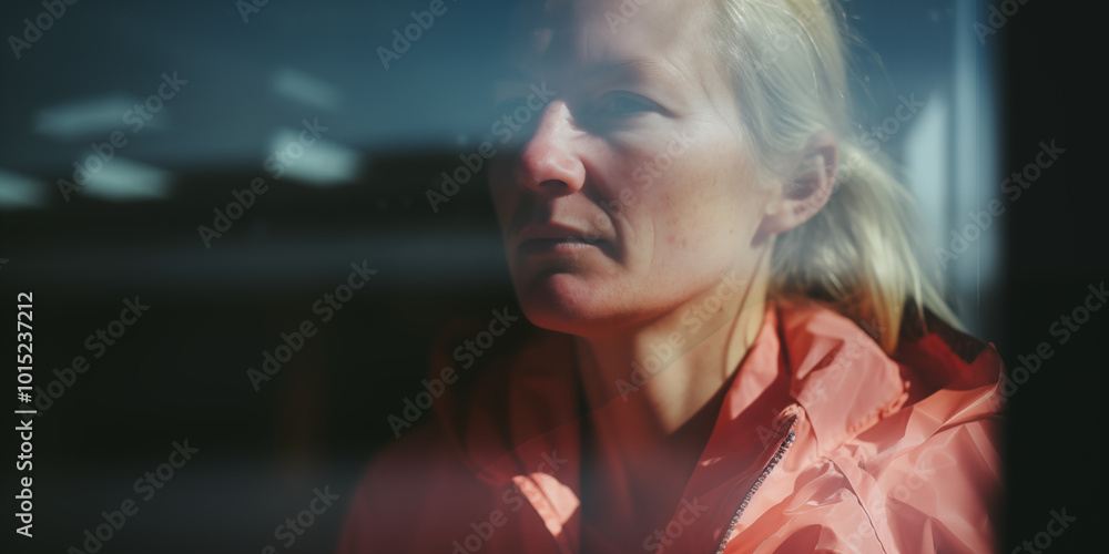 Fototapeta premium Contemplative Woman in Orange Jacket Gazing Through a Window with Soft Light