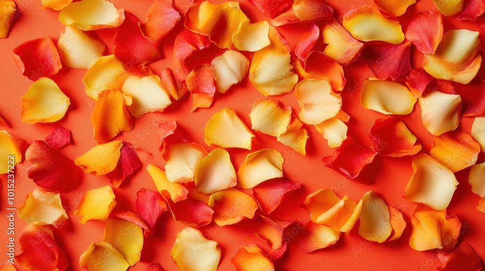 A scattering of rose petals in shades of red, orange, and yellow on a coral background. A scattering of rose petals in shades of red, orange, and yellow on a coral background.