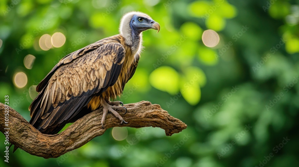 A griffon vulture perches on a branch with green foliage in the background. A griffon vulture perches on a branch with green foliage in the background.