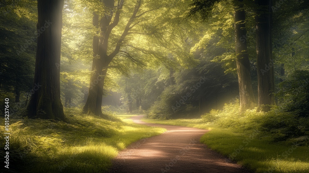 Obraz premium A winding path through a misty forest, bathed in sunlight.