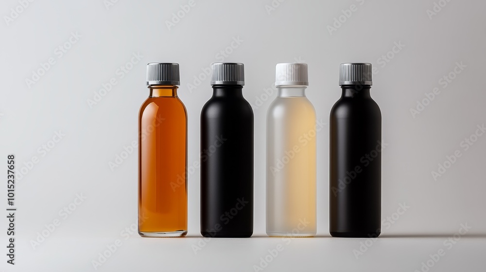 Four glass bottles in amber, black, and frosted white are neatly arranged on a light gray backdrop, showcasing elegant designs for cosmetic or beverage products Four glass bottles in amber, black, and frosted white are neatly arranged on a light gray backdrop, showcasing elegant designs for cosmetic or beverage products