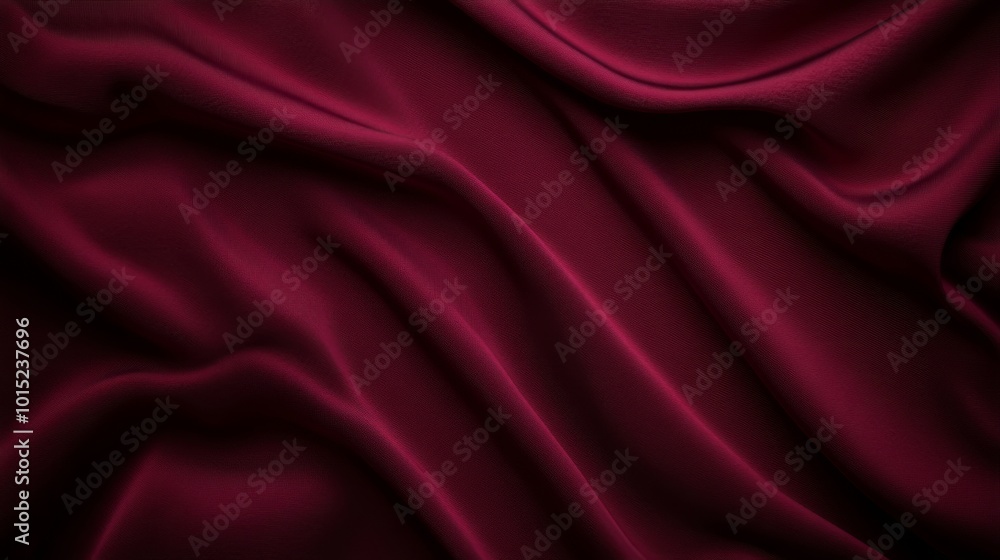 Fototapeta premium The rich texture of deep burgundy curtains is highlighted by soft overhead lighting. Dramatic folds create an elegant atmosphere, evoking a sense of anticipation and classic theater charm