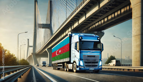 Blue semi-truck with an Azerbaijan flag trailer driving under a large modern bridge. Perfect for showcasing freight transport, trucking, logistics, and cross-country shipping