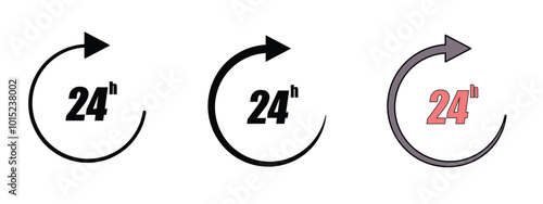 24 hours icons set, 24h icons in outline, silhouette and editable colored in unexpanded vector form, 24 hours availability icons set