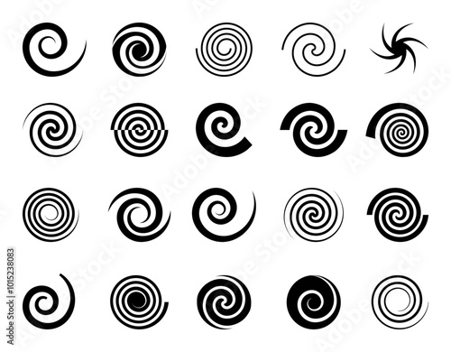 Spiral icons. Circle twirl, hypnosis swirl shape with graphic stroke. Simple round whirl elements. Minimal modern shape abstract funnel dynamic silhouettes. Curve line in rotation vector design