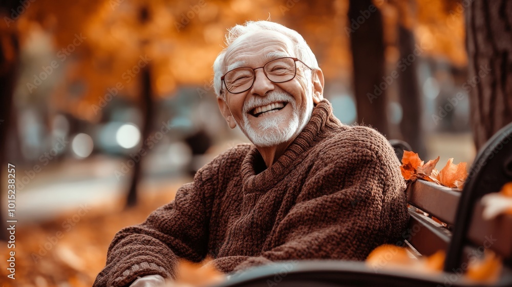 Cheerful Elderly Gentleman Enjoying Autumn Scenery Cheerful Elderly Gentleman Enjoying Autumn Scenery
