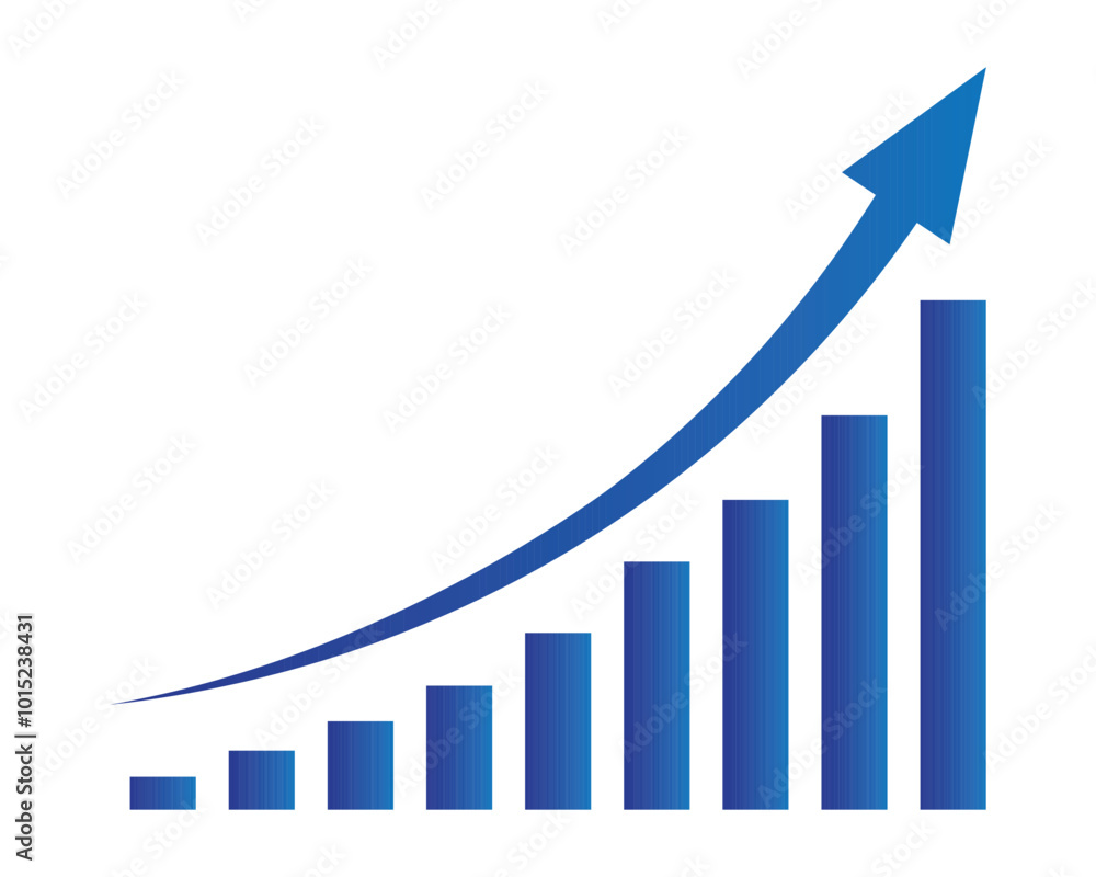 Upward stepping blue arrow. Growth Bar blue stairs step to growth success vector illustration on white. Progress way and forward achievement creative concept. Bar graph of blue bars. Upward stepping blue arrow. Growth Bar blue stairs step to growth success vector illustration on white. Progress way and forward achievement creative concept. Bar graph of blue bars.