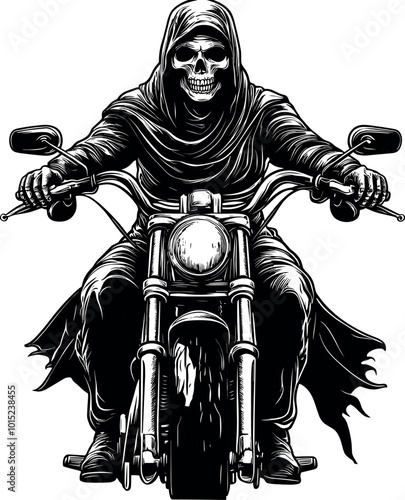 Grim Reaper on a Motorcycle - Bold Black and White Vector Illustration of a Skeleton Rider in a Hooded Cloak, Perfect for Tattoos, Biker Art, Apparel Designs, or Dark-Themed Digital Downloads.