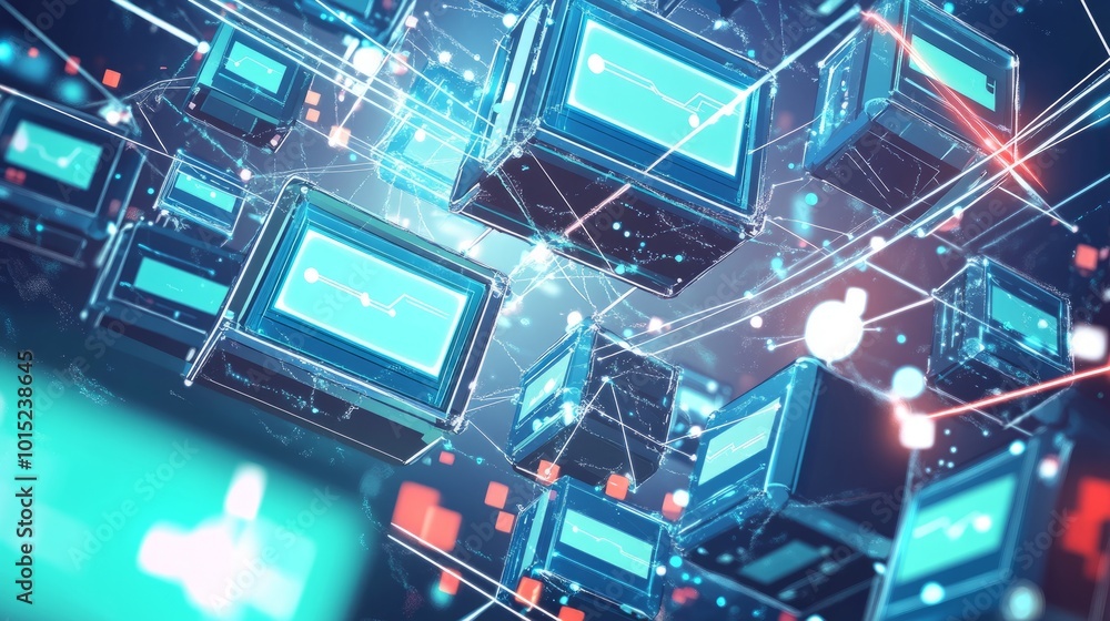 Abstract digital network with glowing blue and red nodes connected by lines. Abstract digital network with glowing blue and red nodes connected by lines.