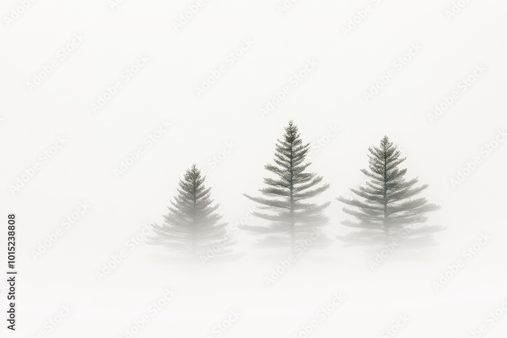 Obraz premium Three evergreen trees rise above the fog in a peaceful morning setting, enhancing the tranquility of the landscape