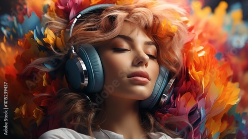 Creative music background. Colorful head wearing headphones on bright background. Sound inspiration and emotions. photo