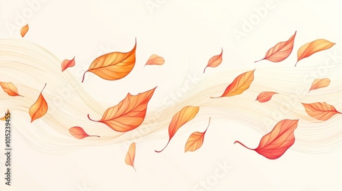 Autumn leaves swirling in the wind on a white background.