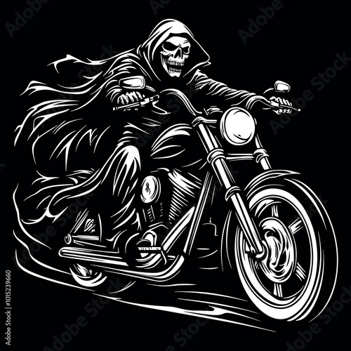 Grim Reaper on a Motorcycle - Bold Black and White Vector Illustration of a Skeleton Rider in a Hooded Cloak, Perfect for Tattoos, Biker Art, Apparel Designs, or Dark-Themed Digital Downloads.