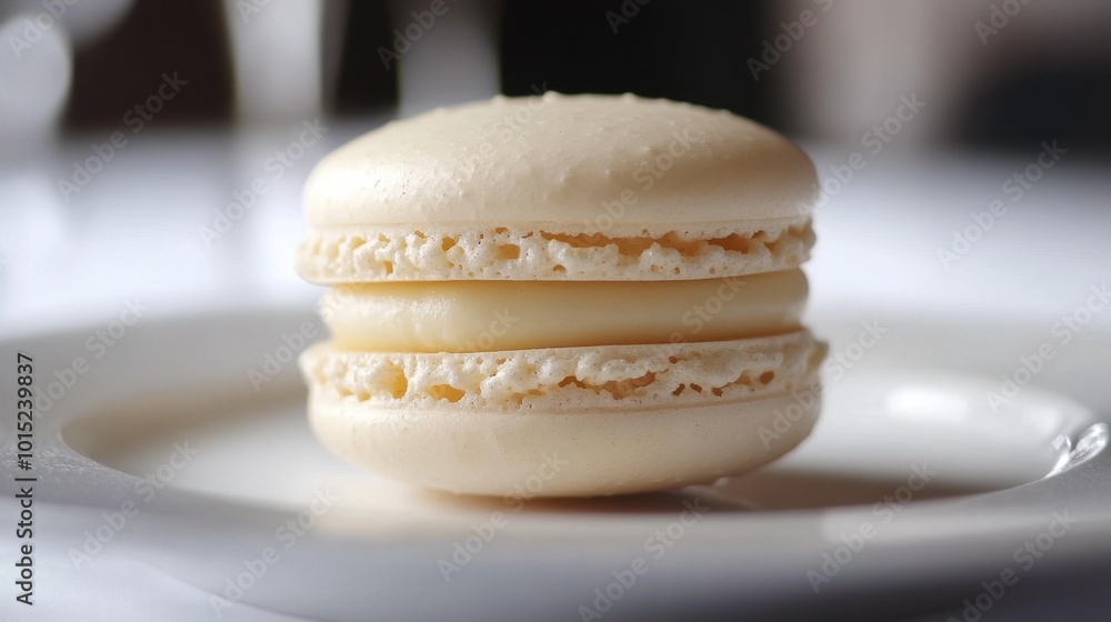 A cream-colored macaron placed delicately on a white plate, with detailed textures of the pastry A cream-colored macaron placed delicately on a white plate, with detailed textures of the pastry