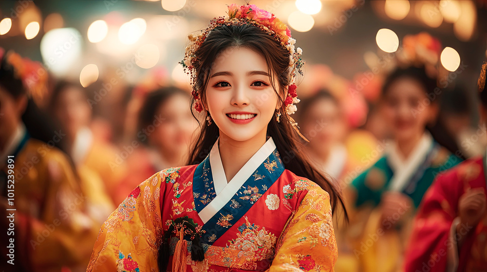 Korean dressed in traditional costumes celebrating the Lunar New Year. Generative AI Korean dressed in traditional costumes celebrating the Lunar New Year. Generative AI