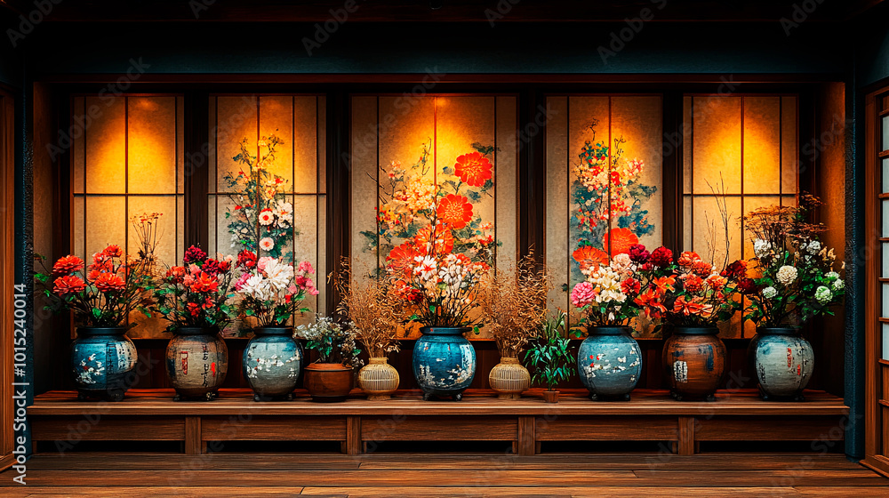 Japan, traditional decorations like Kadomatsu (pine entrance adornments) and Shimekazari (straw ropes with ornaments) are displayed. Generative AI Japan, traditional decorations like Kadomatsu (pine entrance adornments) and Shimekazari (straw ropes with ornaments) are displayed. Generative AI