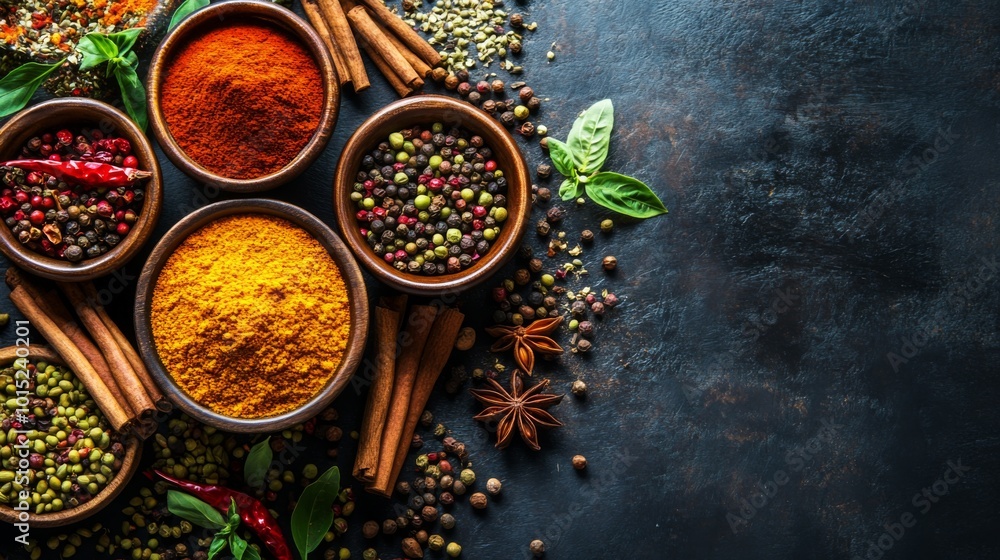 Various spices in bowls on dark background with copy space. Various spices in bowls on dark background with copy space.